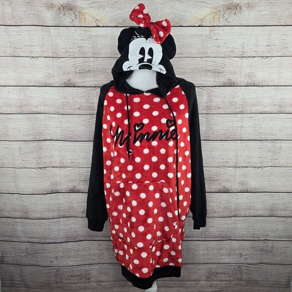 Disney Minnie Mouse Hooded Sweatshirt Lounge Red White Polka Dots Minnie Ears M - Picture 1 of 8